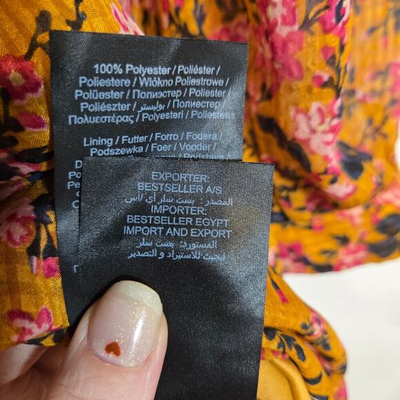 Vero Moda Medium Mustard Orange Floral Puff Sleeve Knee Dress Smocked Boho - Picture 8 of 12